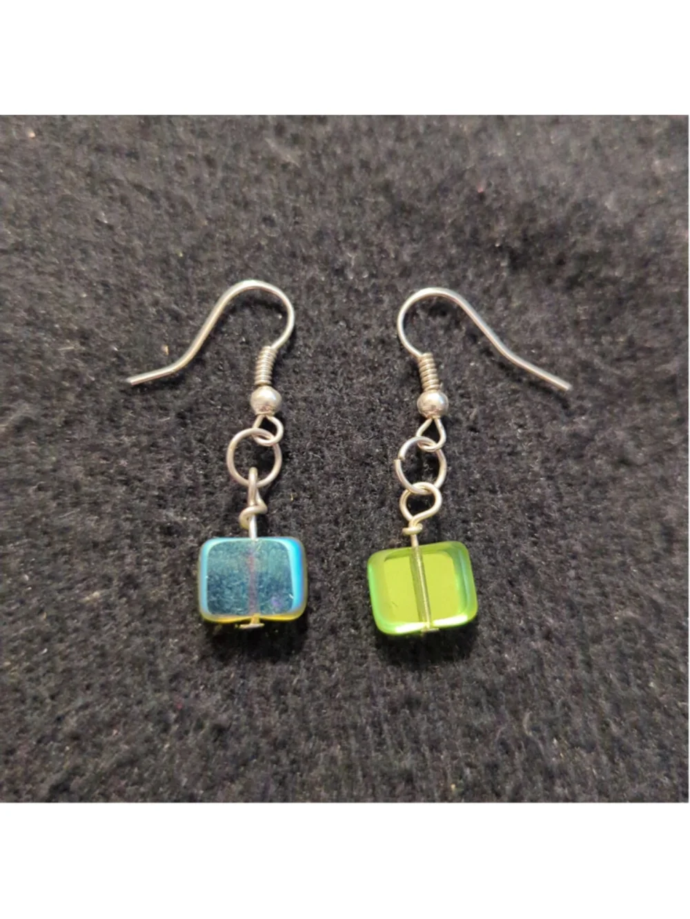 Silver Tone Green Iridescent Square Dainty Delicate Drop Statement Earrings